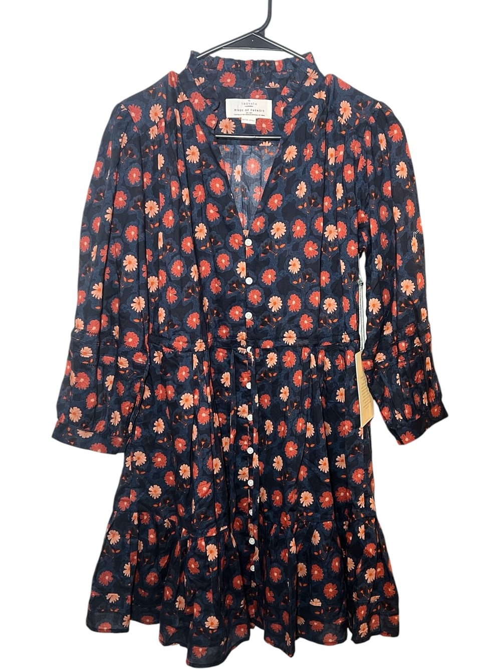 NWT Trovata Birds Of Paradis Size XS Long Sleeve Mini Dress Navy Floral Print